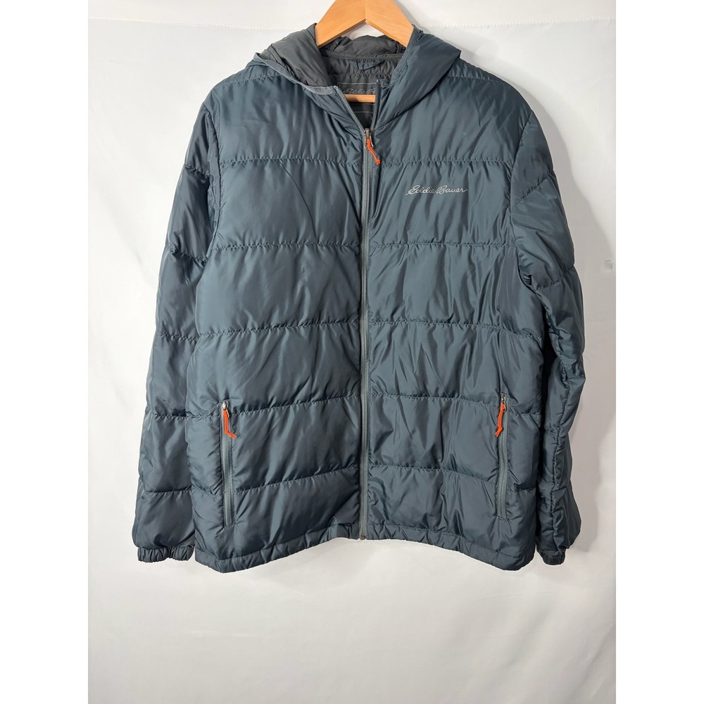 Eddie Bauer Mens Wide Channel Hooded Down Jacket Sz L Gray Puffer Thermal Winter